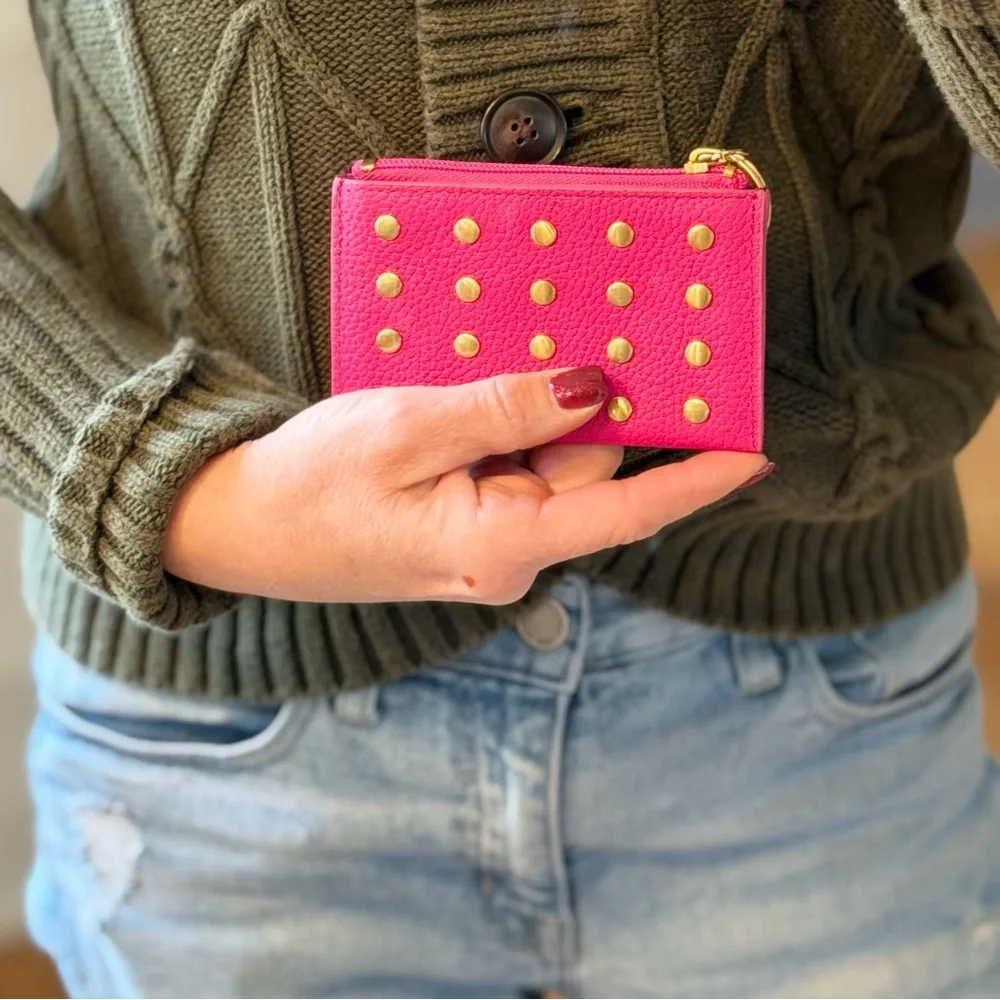 J.Crew Barbiecore Hot Pink Studded Leather Card Case & Key Ring (EUC)